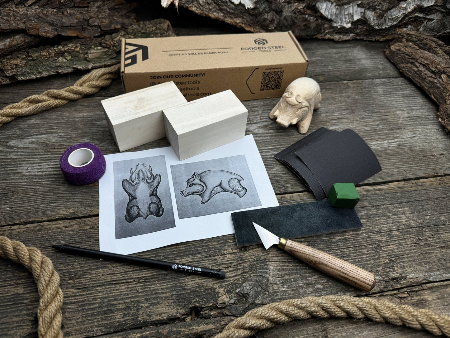 Boar Carving Kit - Complete Starter Whittling Kit for Beginners, Adults, Teens, and Kids