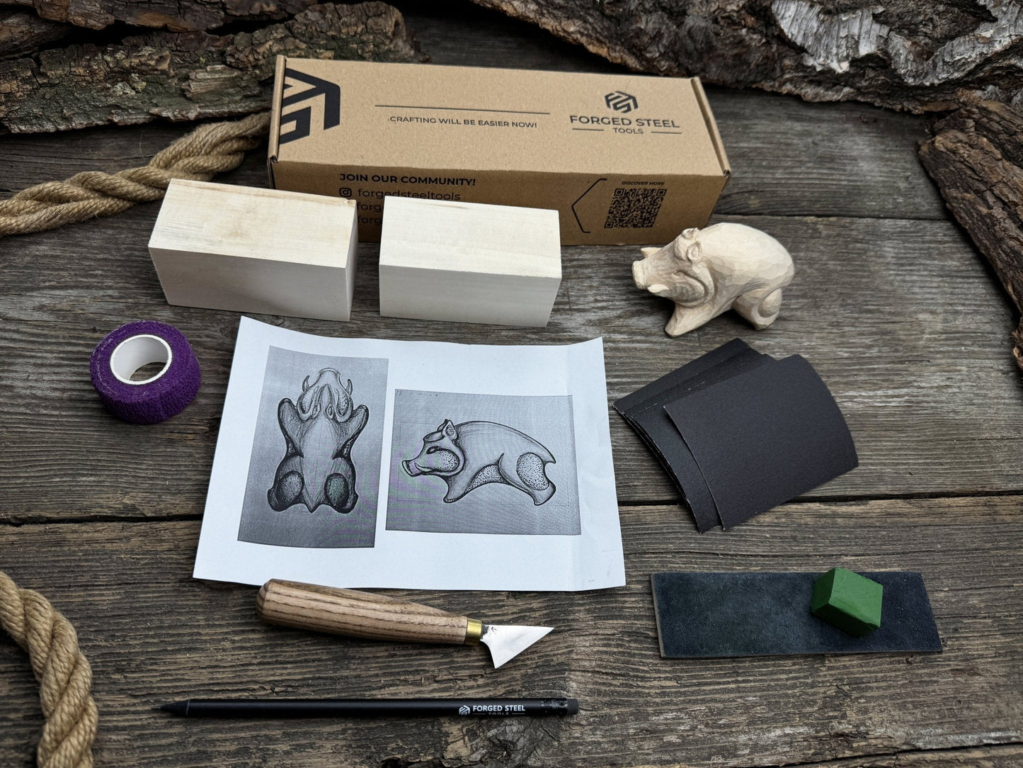 Boar Carving Kit - Complete Starter Whittling Kit for Beginners, Adults, Teens, and Kids